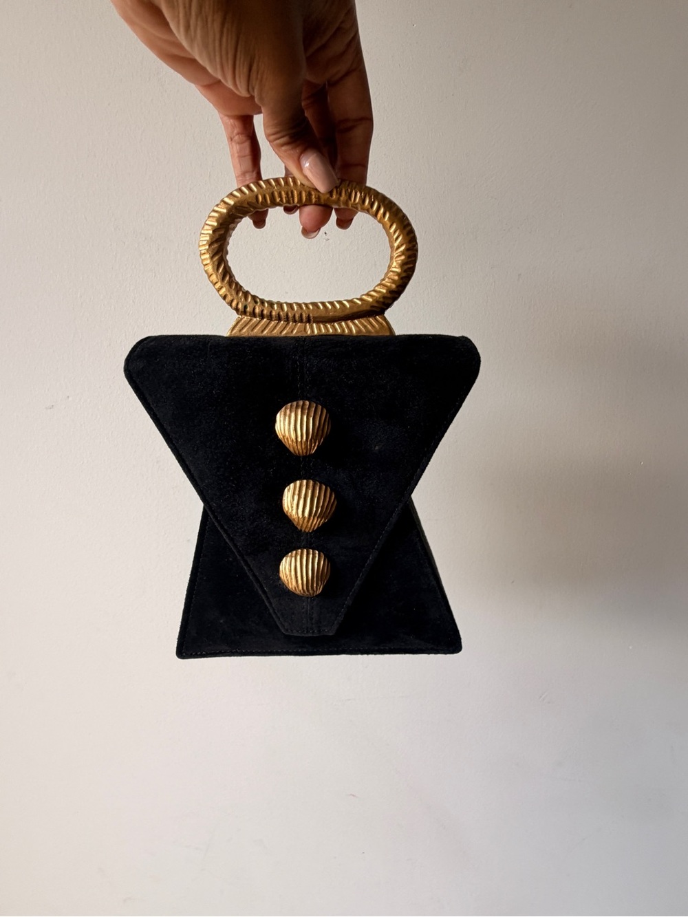 Vintage Black Suede Triangle Top-Handle Bag with Gold Accents